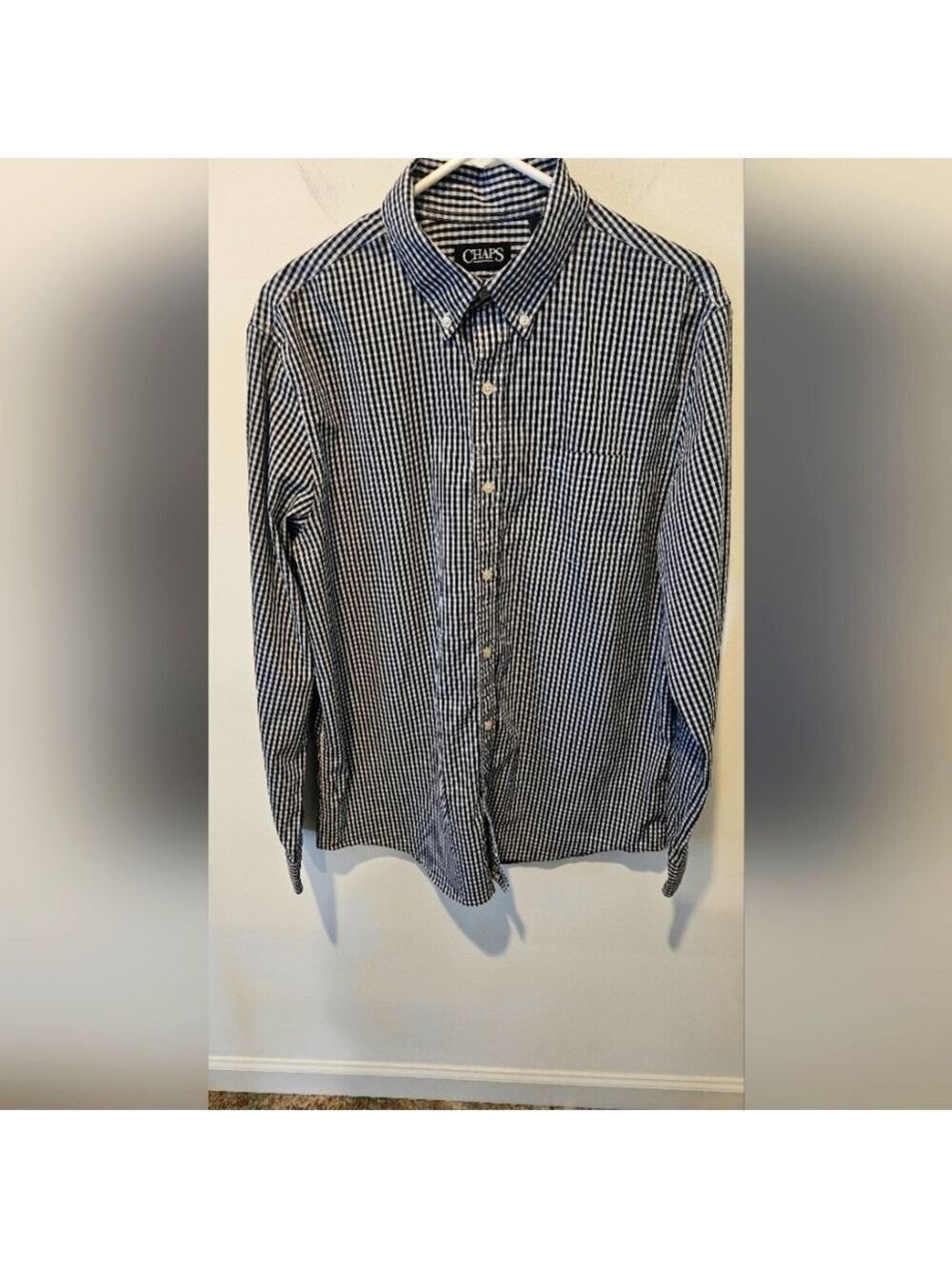CHAPS MEN'S STRETCH BLUE & WHITE STRIPED DRESS SHIRT SIZE LARGE
